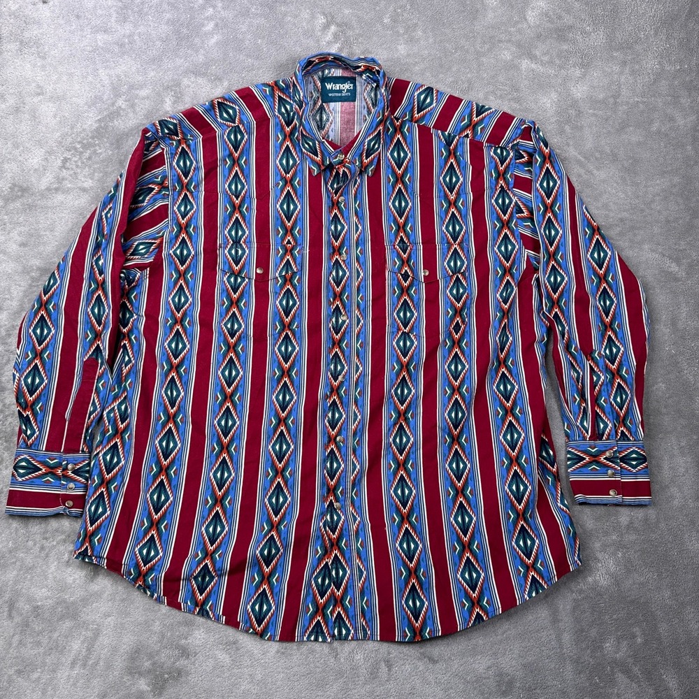 Wrangler Western Shirt Mens XXL Red Blue Aztec Geometric Vintage Pearl Snap LS
